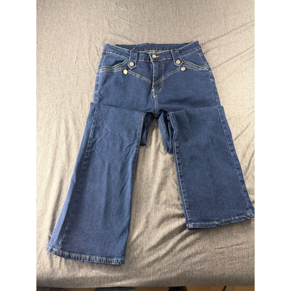 QDBL Women's Wide Leg Flare Jeans XL Dark Wash Stretch Low Rise Y2K Denim